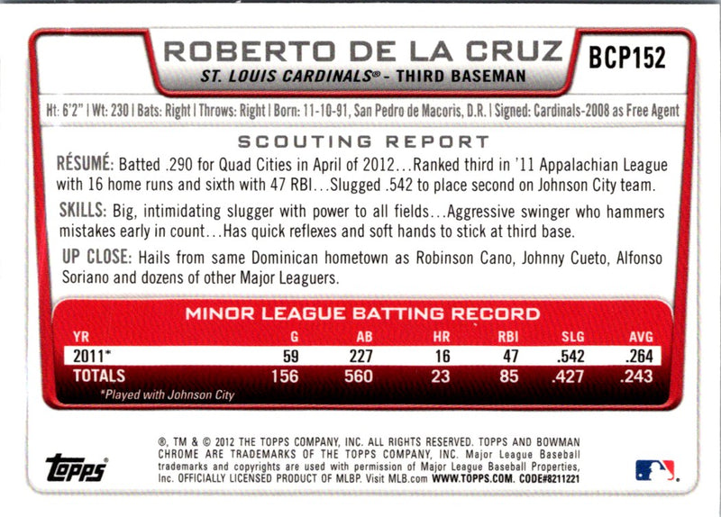 2012 Bowman Chrome Prospects Roberto De La Cruz