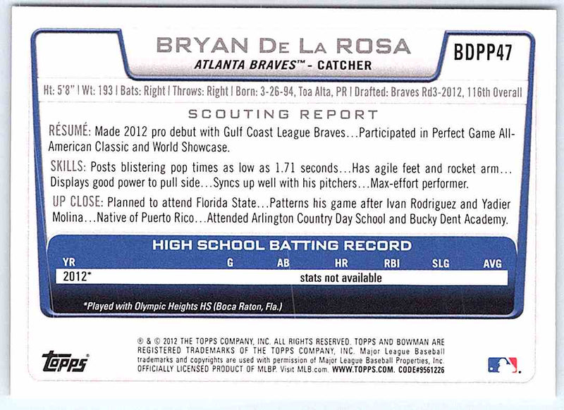 2012 Bowman Bryan De La Rosa