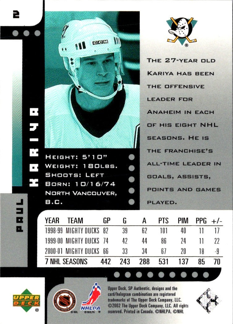 2002 Upper Deck Classic Portraits Paul Kariya