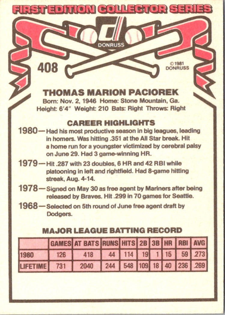 1981 Donruss Tom Paciorek