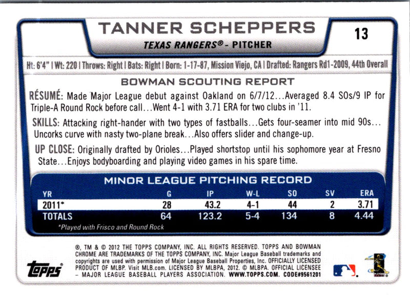 2012 Bowman Draft Picks & Prospects Chrome Tanner Scheppers