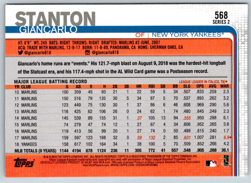 2019 Topps New York Yankees Giancarlo Stanton