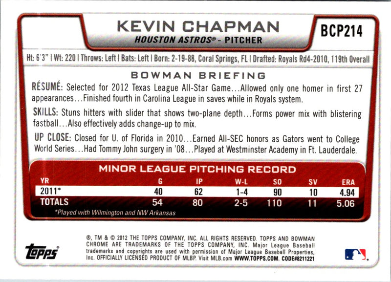 2012 Bowman Chrome Prospects Kevin Chapman