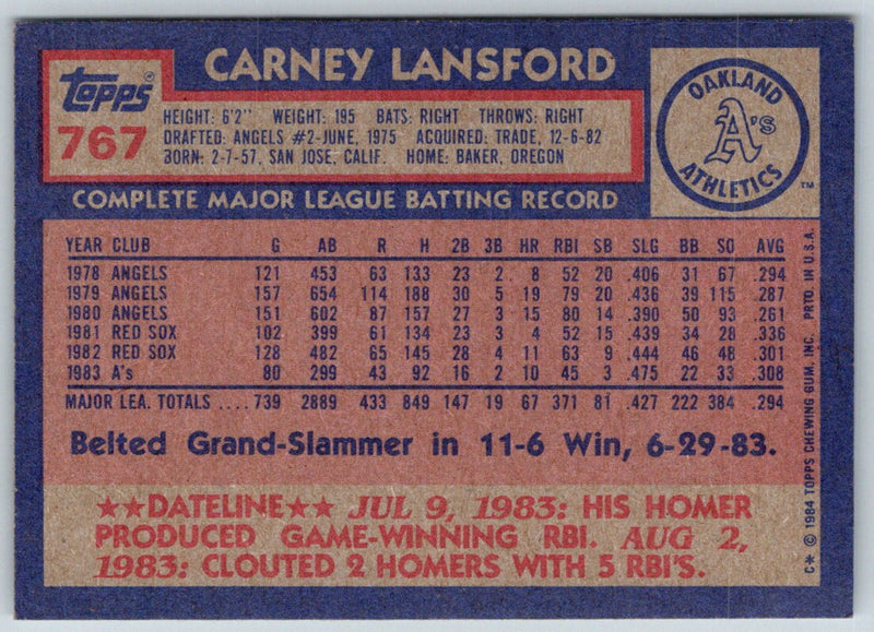 1984 Topps Carney Lansford