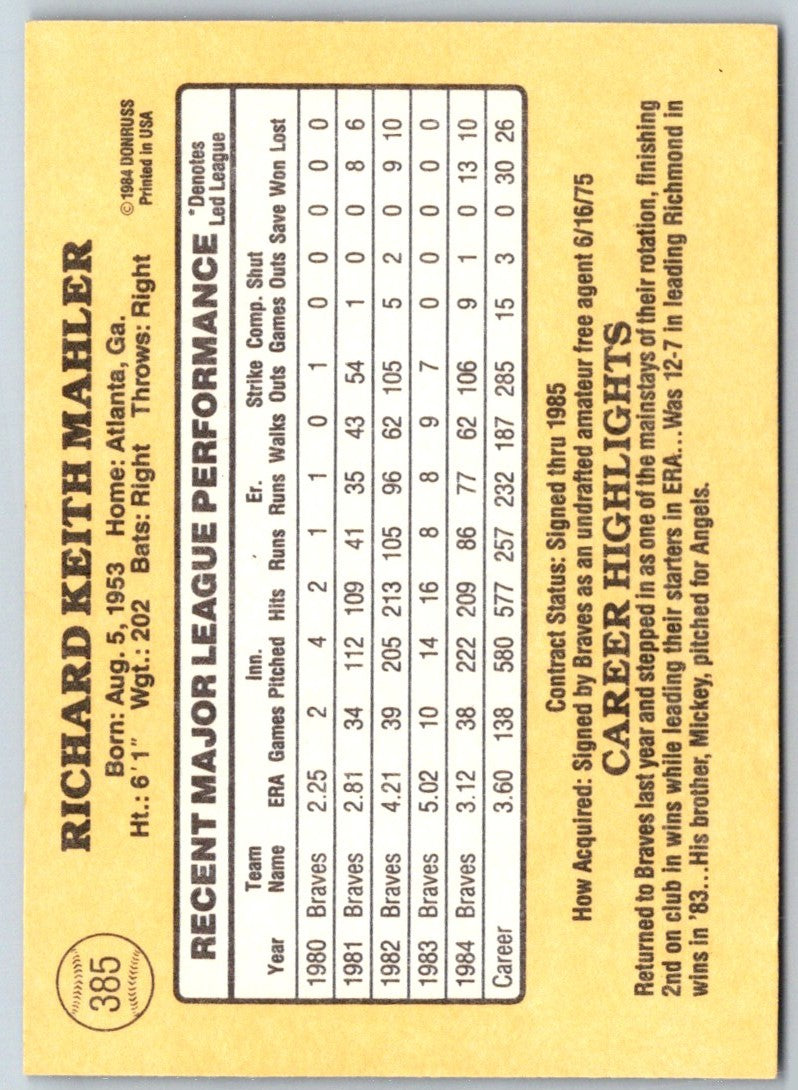 1985 Donruss Rick Mahler