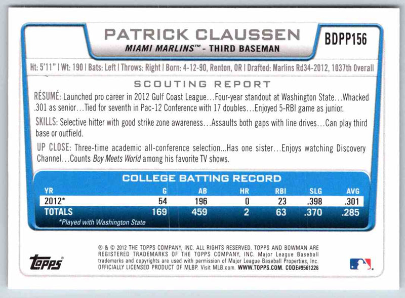 2012 Bowman Patrick Claussen