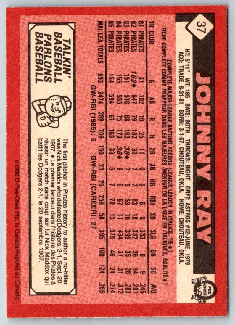 1986 O-Pee-Chee Johnny Ray