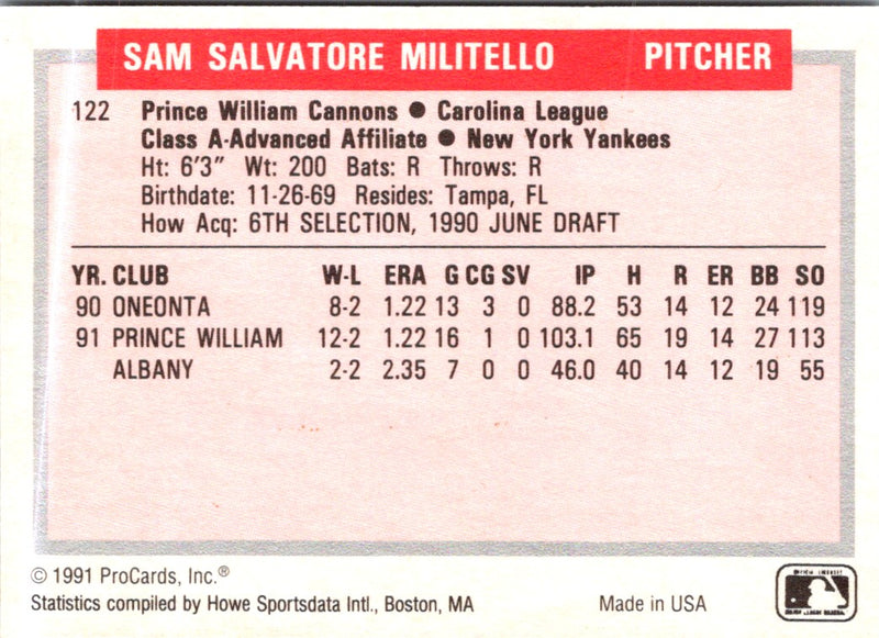 1991 ProCards Tomorrow's Heroes Sam Militello