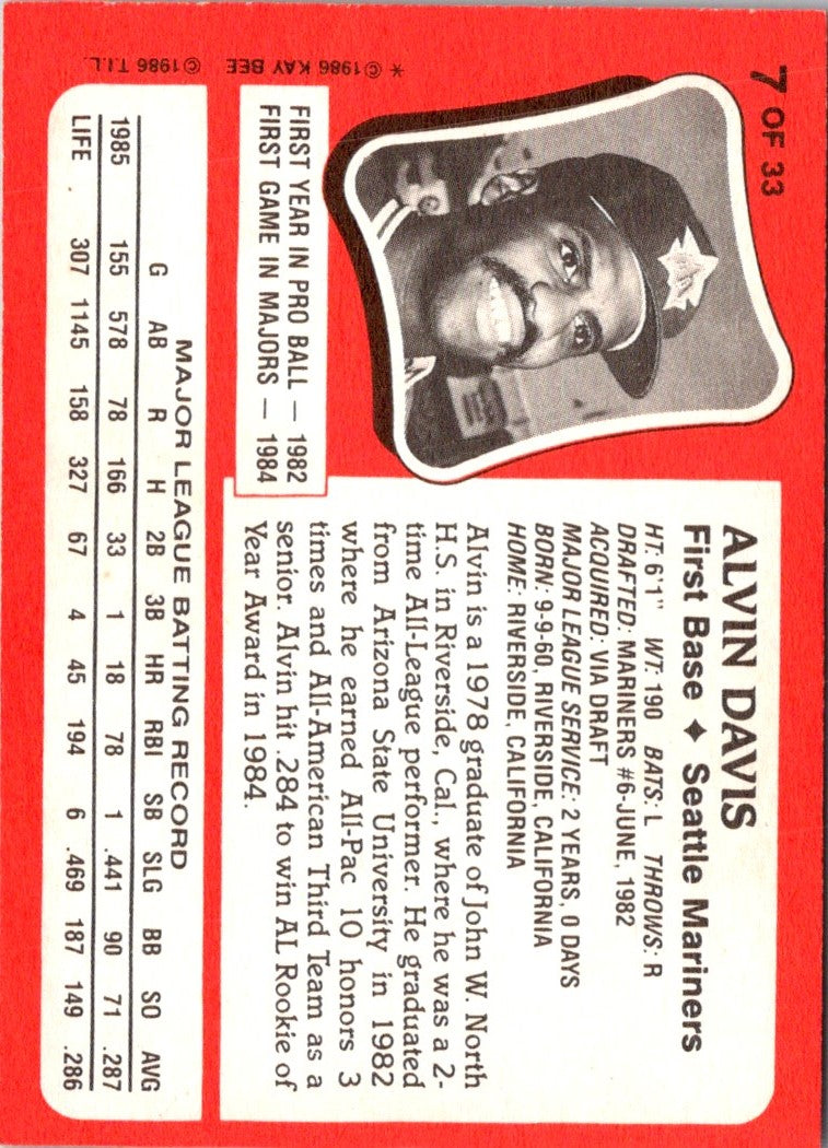 1986 Topps Kay-Bee Young Superstars of Baseball Alvin Davis