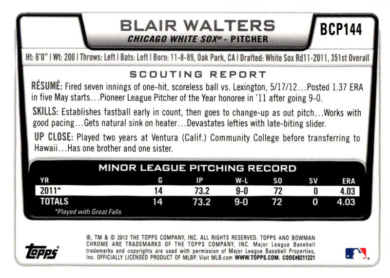 2012 Bowman Chrome Prospects Blair Walters