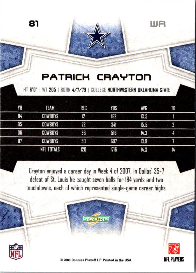 2008 Score Super Bowl XLIII Patrick Crayton