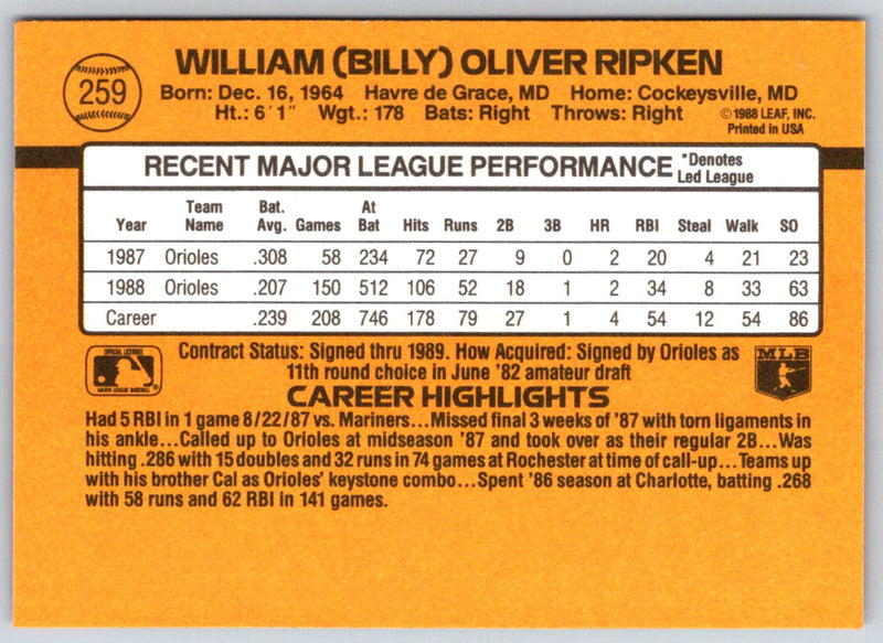 1989 Donruss Billy Ripken