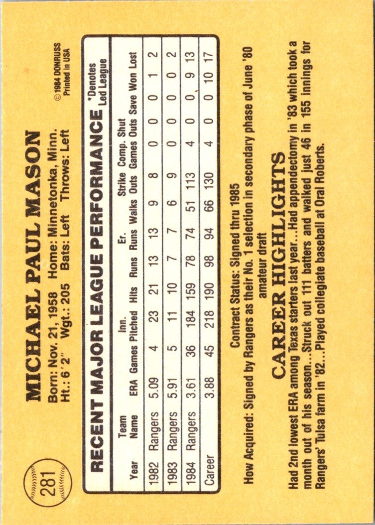 1985 Donruss Mike Mason