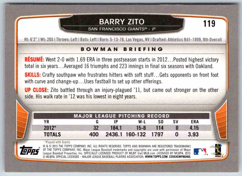 2013 Bowman Barry Zito