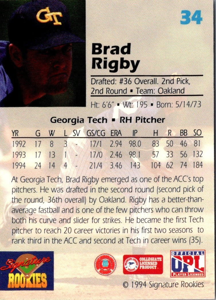 1994 Signature Rookies Draft Picks Brad Rigby