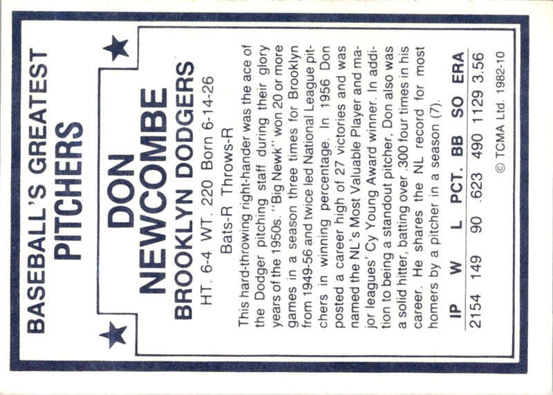 1982 TCMA Baseball's Greatest Pitchers Don Newcombe