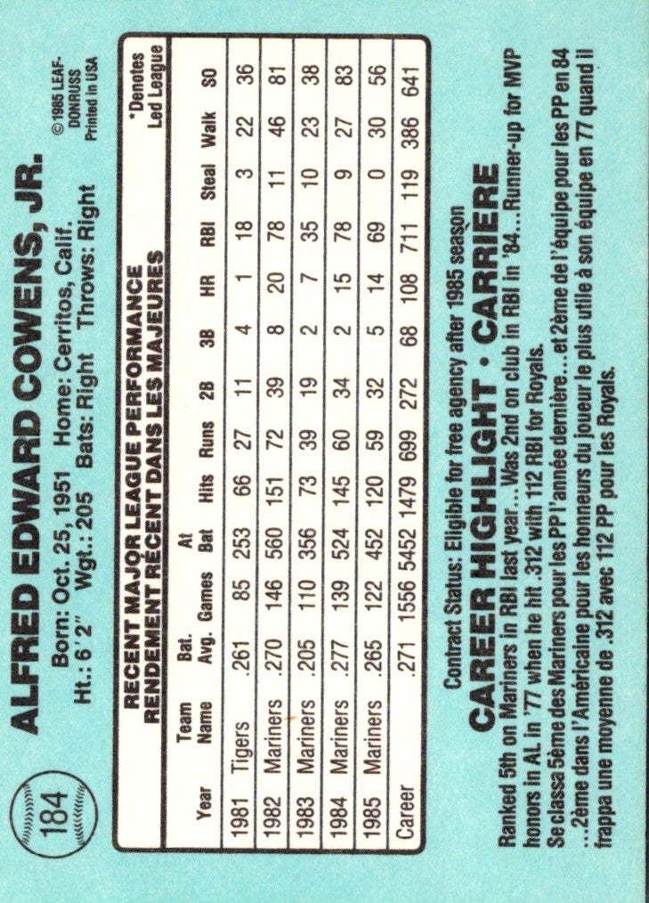 1986 Donruss Al Cowens