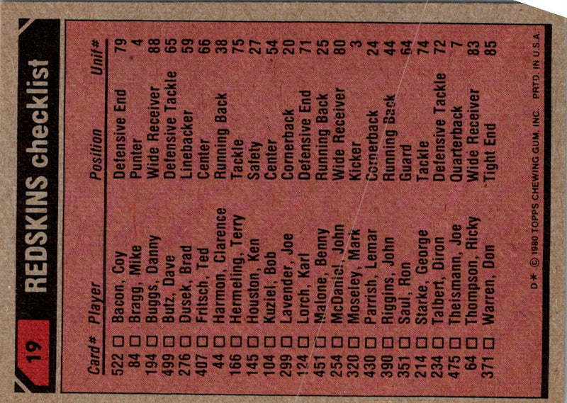 1980 Topps John Riggins/Danny Buggs/Joe Lavender/Coy Bacon