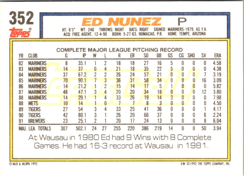 1992 Topps Gold Winners Edwin Nunez