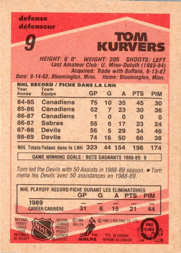 1989 O-Pee-Chee Tom Kurvers #9