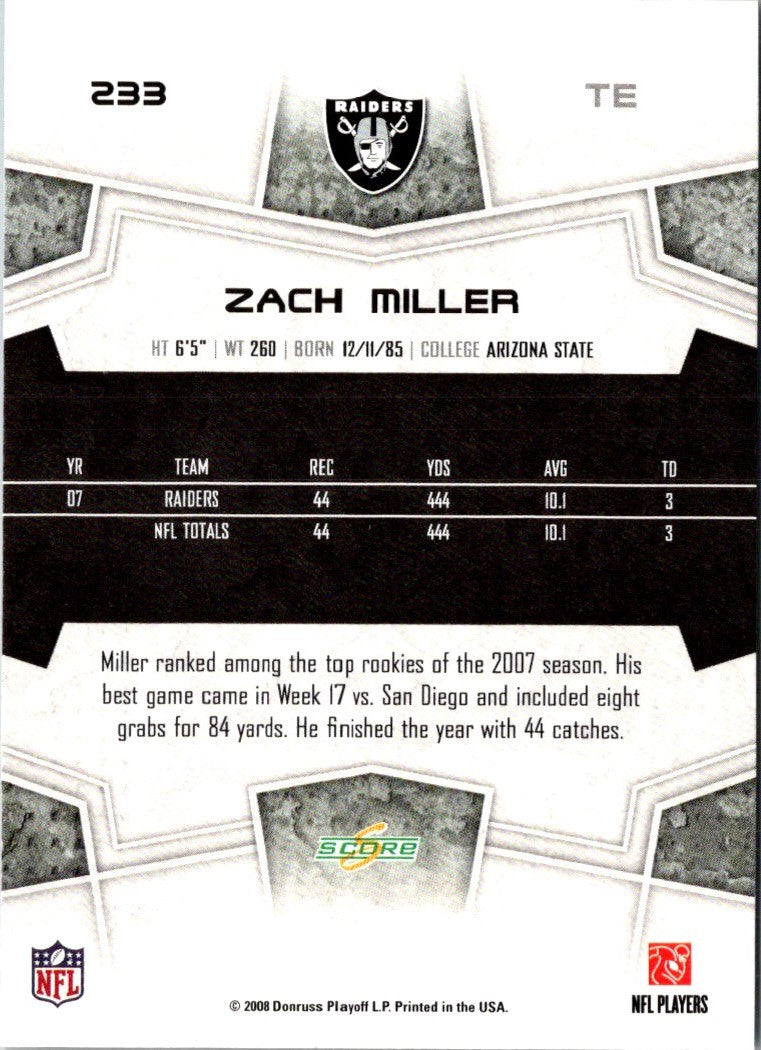 2008 Score Super Bowl XLIII Zach Miller