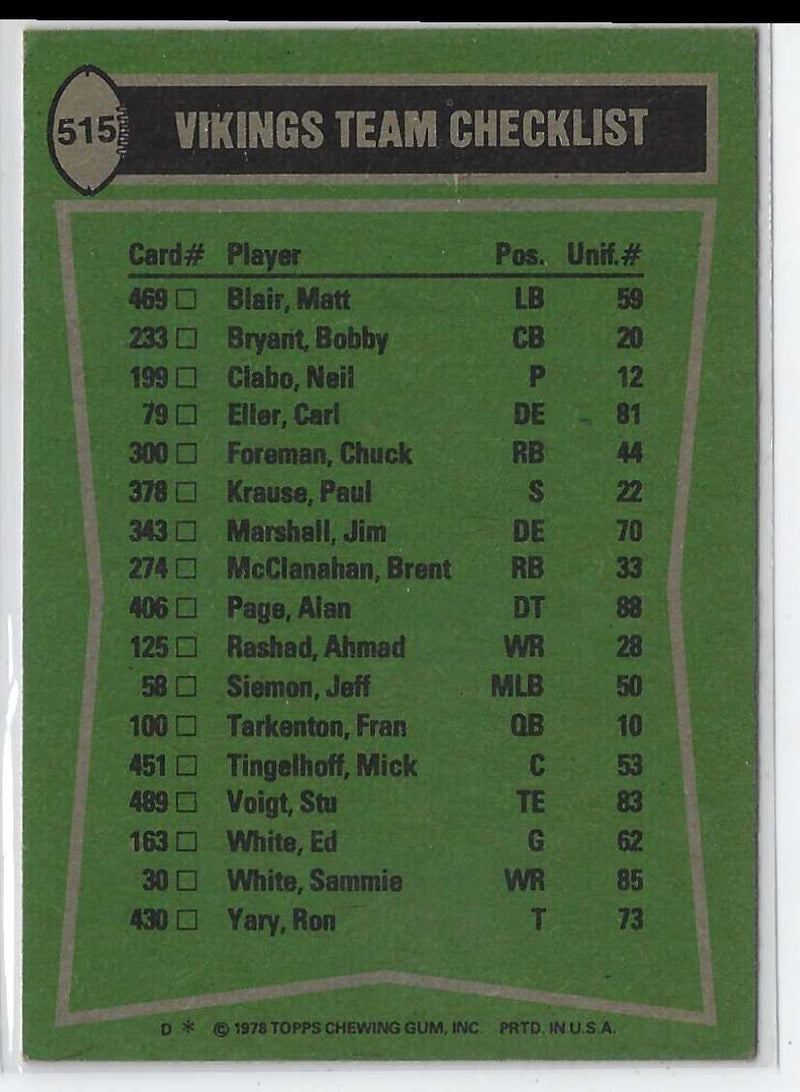 1978 Topps Chuck Foreman/Sammie White/Bobby Bryant/Carl Eller