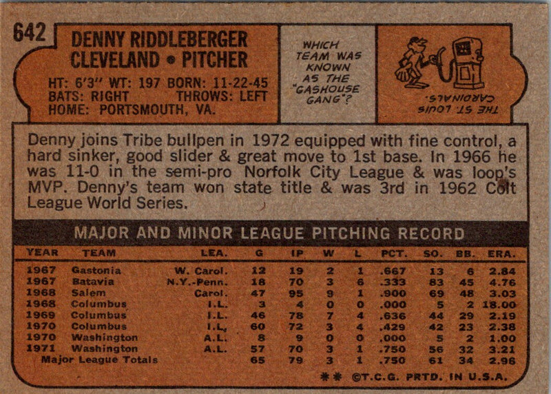 1972 Topps Denny Riddleberger