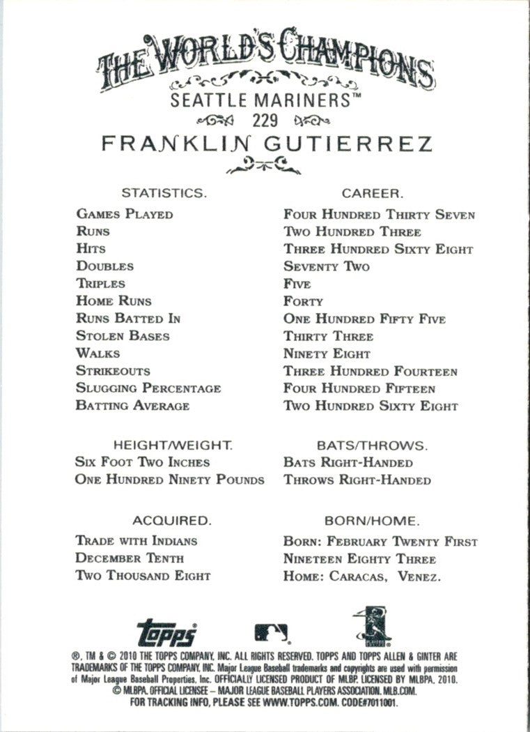 2010 Topps Allen & Ginter Franklin Gutierrez