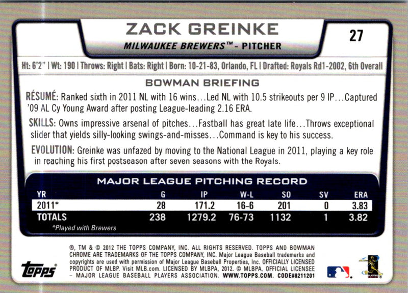 2012 Bowman Chrome Zack Greinke