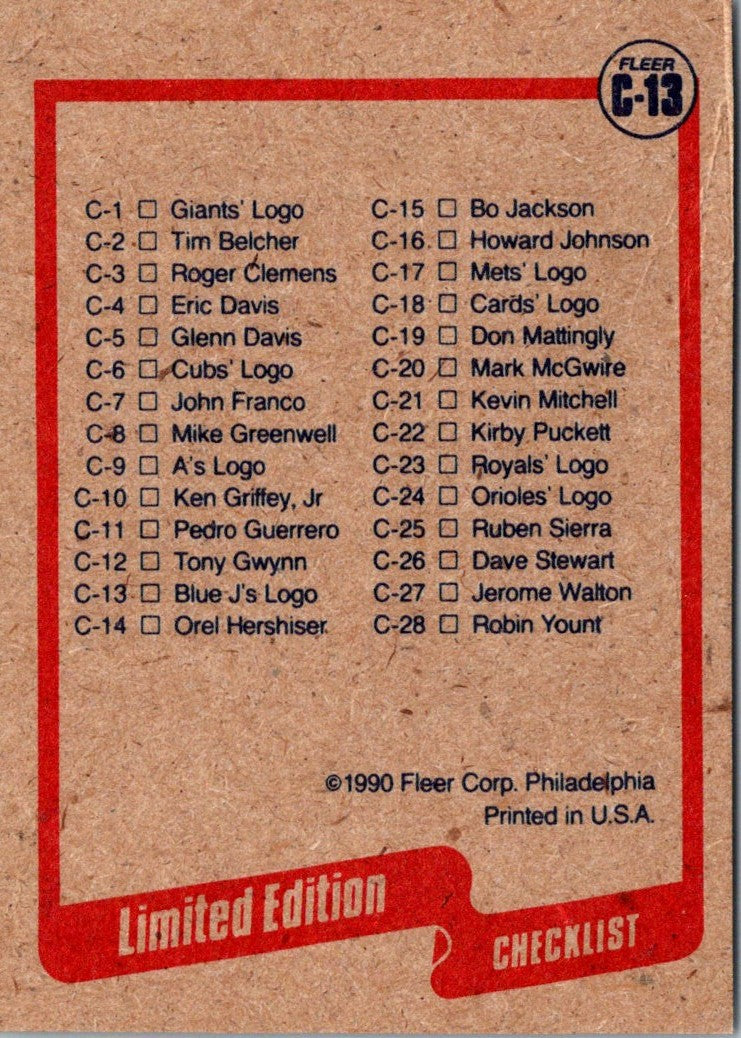 1990 Fleer Wax Box Cards Blue Jays Logo