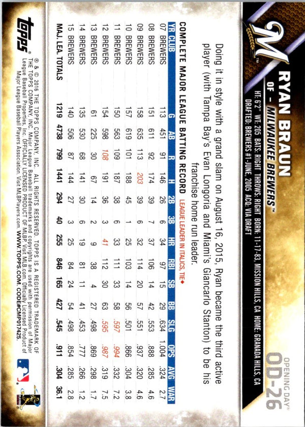 2016 Topps Opening Day Ryan Braun #OD-26