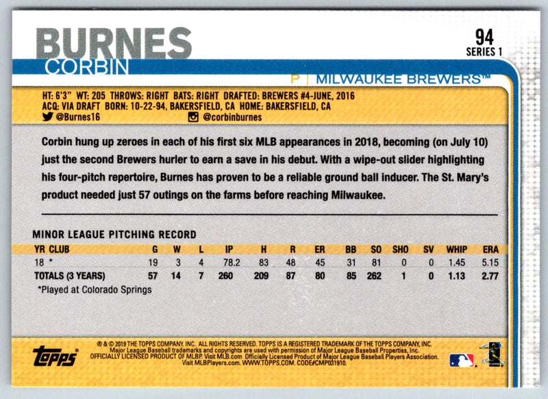 2019 Topps Milwaukee Brewers Corbin Burnes