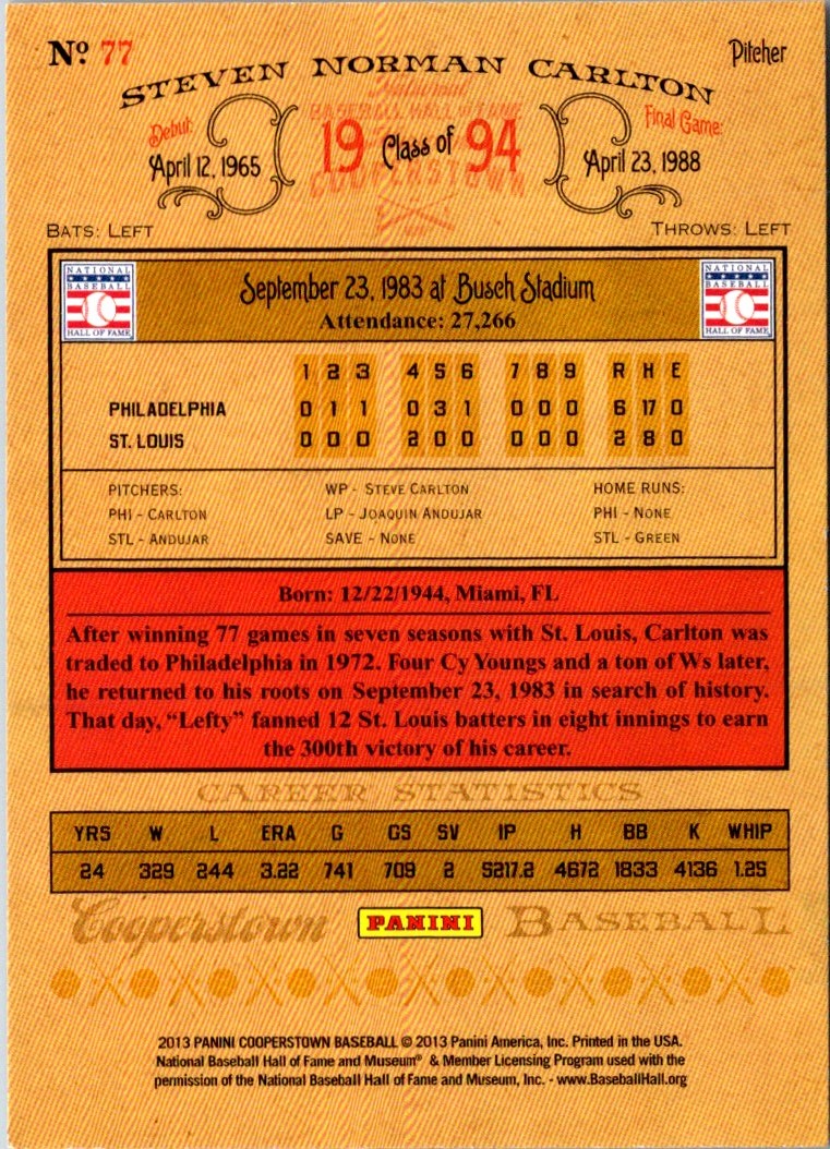 2013 Panini Cooperstown Steve Carlton