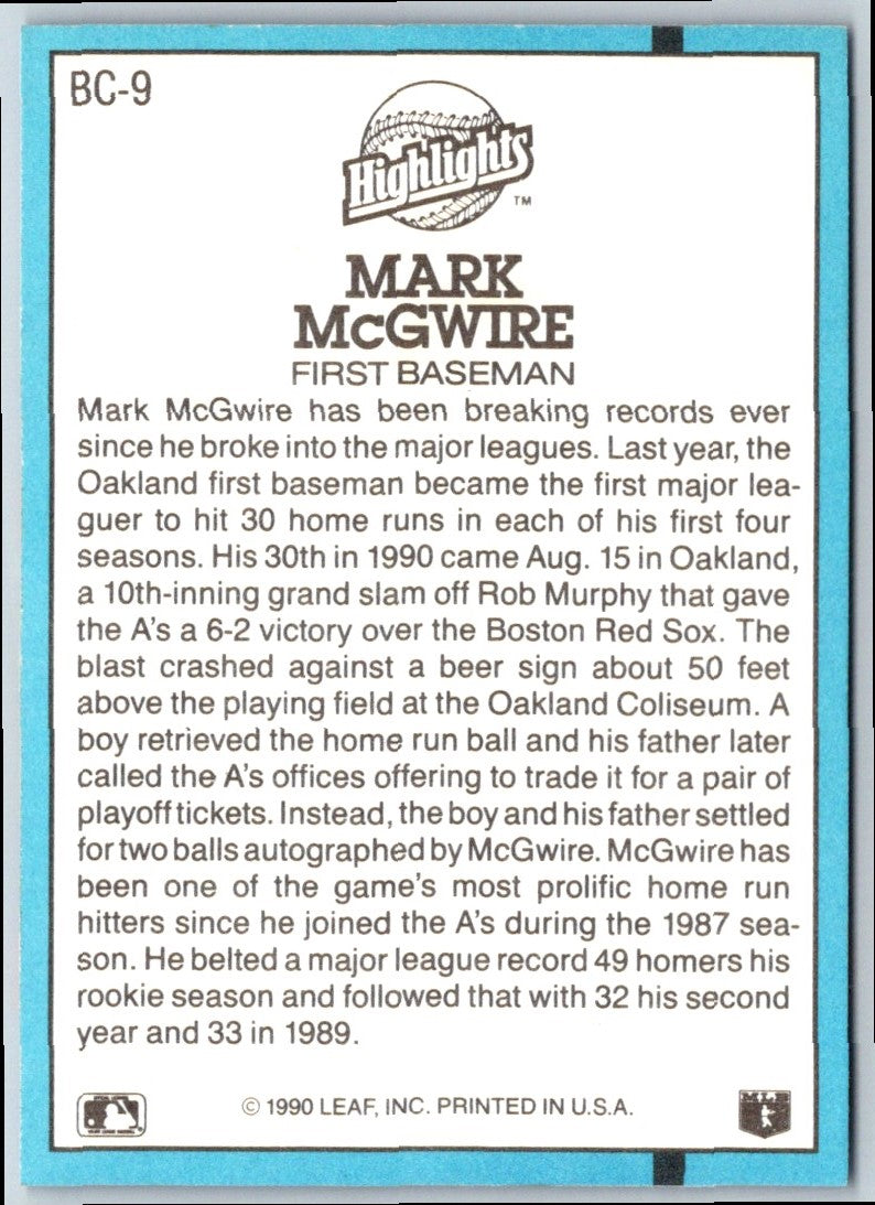 1991 Donruss Bonus Cards Mark McGwire