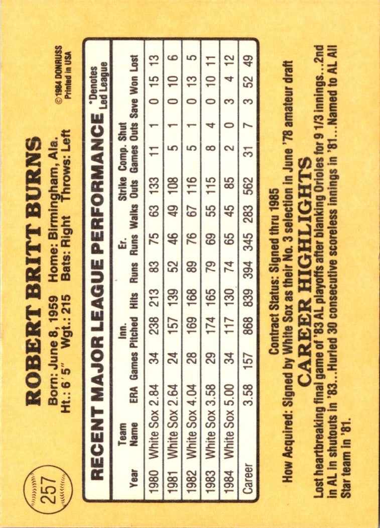 1985 Donruss Britt Burns