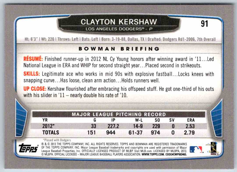 2013 Bowman Clayton Kershaw