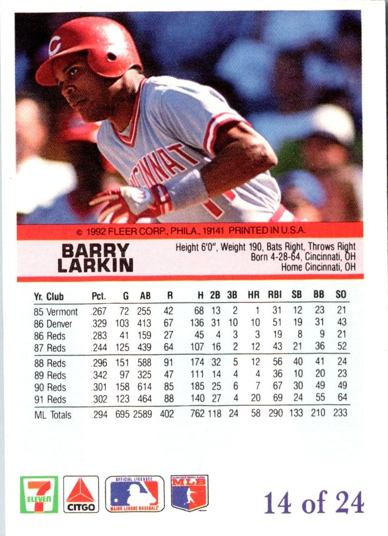 1992 Fleer 7 Eleven/Citgo The Performer Barry Larkin