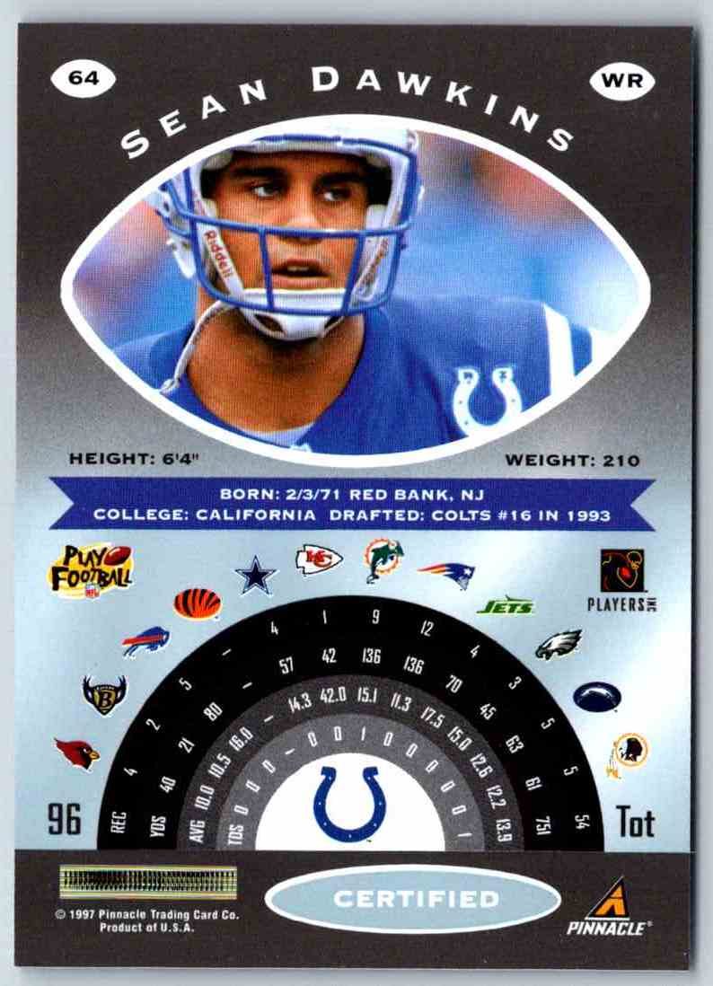 1997 Pinnacle Certified NFL Sean Dawkins