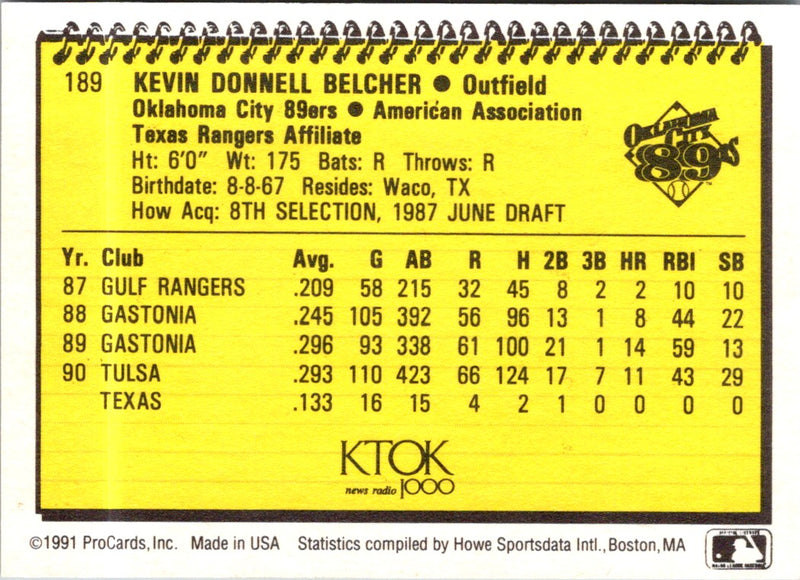 1991 ProCards Kevin Belcher