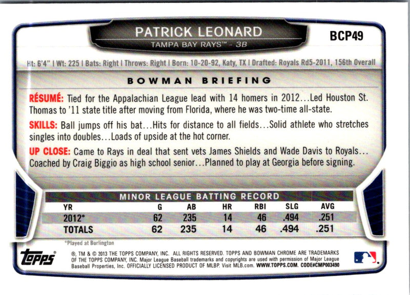 2013 Bowman Chrome Prospects Patrick Leonard