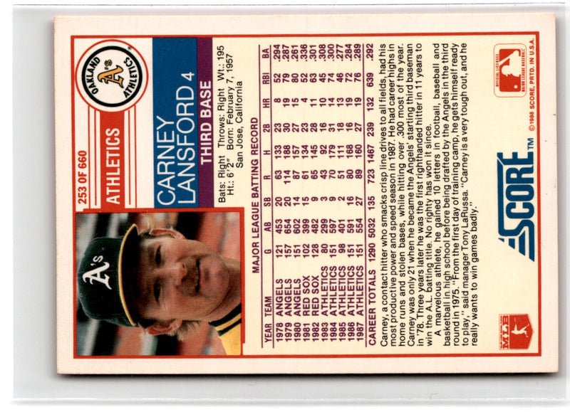1988 Score Glossy Carney Lansford