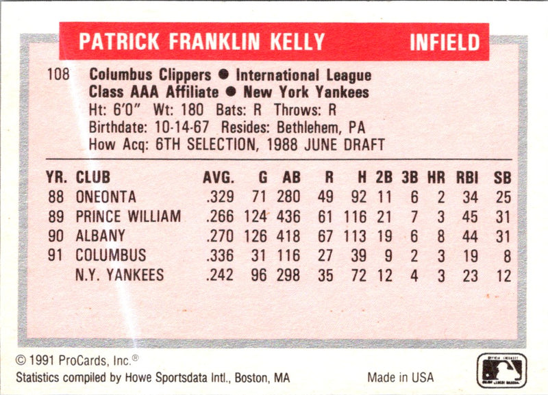 1991 ProCards Tomorrow's Heroes Pat Kelly
