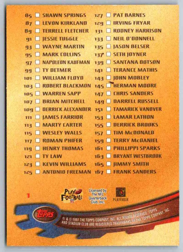 1997 Topps Stadium Club Football Checklist #1