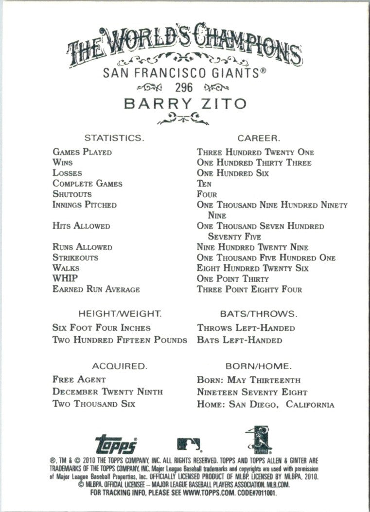 2010 Topps Allen & Ginter Barry Zito