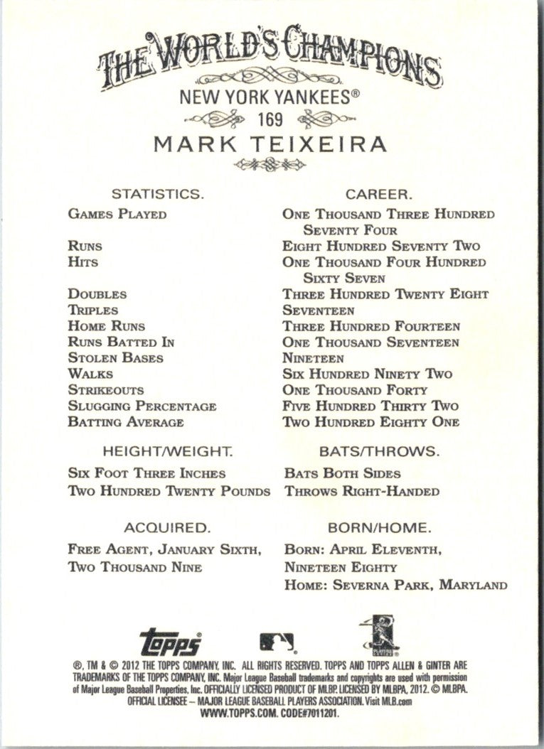 2012 Topps Allen & Ginter Mark Teixeira