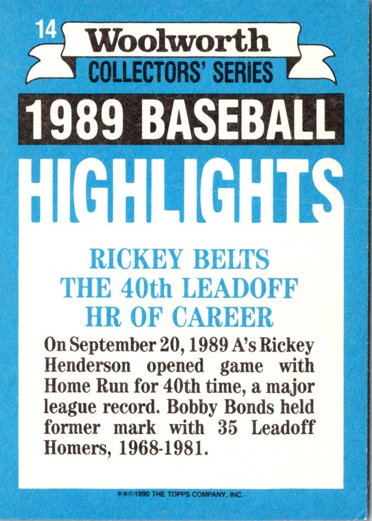 1990 Topps Woolworth Baseball Highlights Rickey Henderson