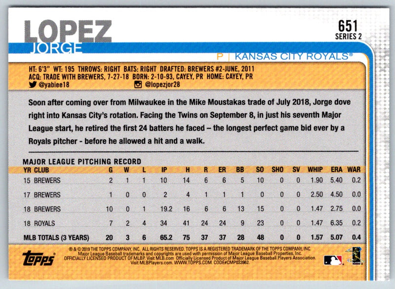 2019 Topps Jorge Lopez