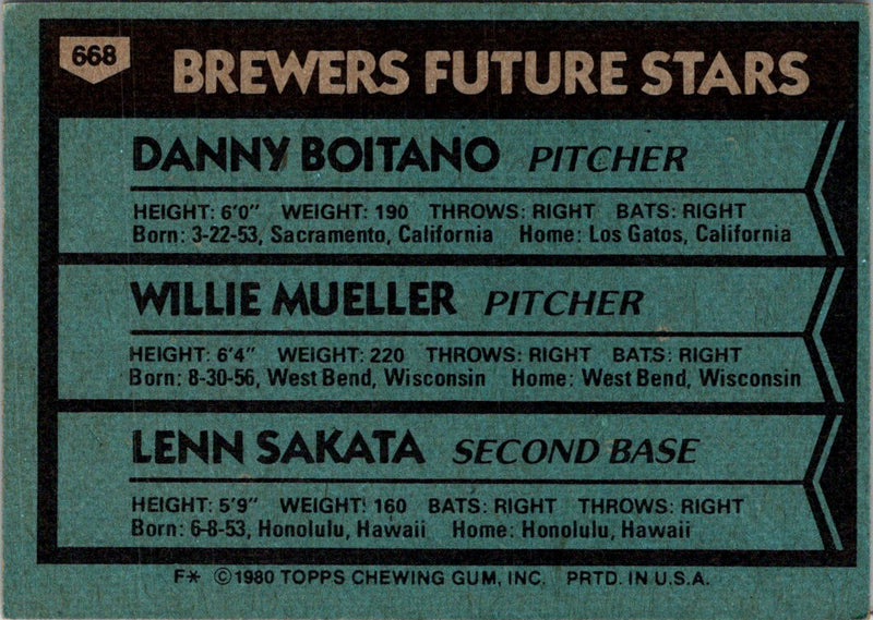 1980 Topps Brewers Future Stars - Danny Boitano/Willie Mueller/Lenn Sakata