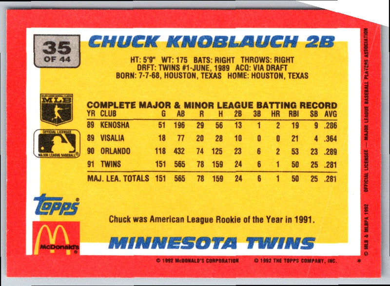 1992 Topps McDonald's Baseball's Best Chuck Knoblauch