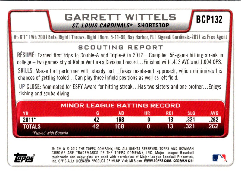 2012 Bowman Chrome Prospects Garrett Wittels